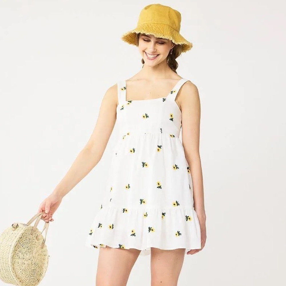 Rewind Floral Sunflower Embroidered White Mini Summer Sundress Size Large - Picture 7 of 13